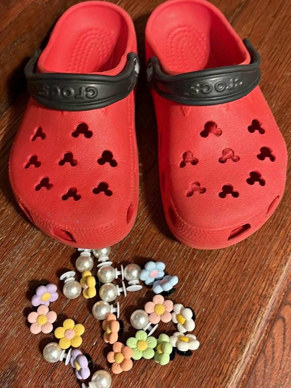 MICKEY CROCS Red with Black Heel Strap and Flower Charms